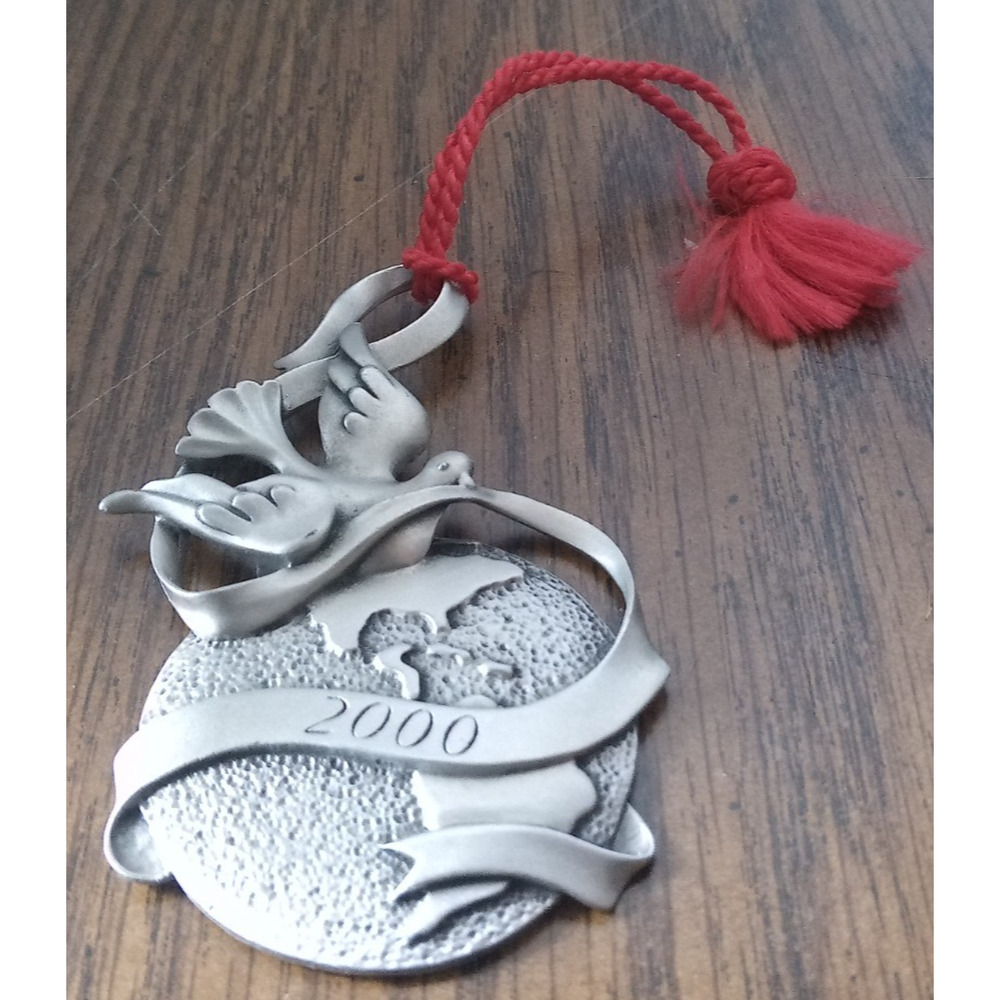 Avon 2000 "Peaceful Millennium" Pewter Ornament World With Dove And Ribbon